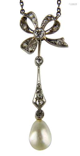 Jugendstil-Collier mit Diamanten und Perle, deutsch um 1910, Mittelstück Gelbgold gepunzt 585, in