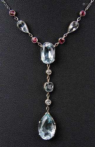 Russisches Jugendstil-Collier mit Aquamarinen und Rubinen, 1899-1908, 56 Zolotnik, handgefertigt