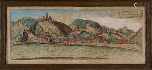 Cochem, kolorierter Kupferstich aus dem Städteatlas von Braun - Hogenberg um 1576, 16 x 41,5 cm,