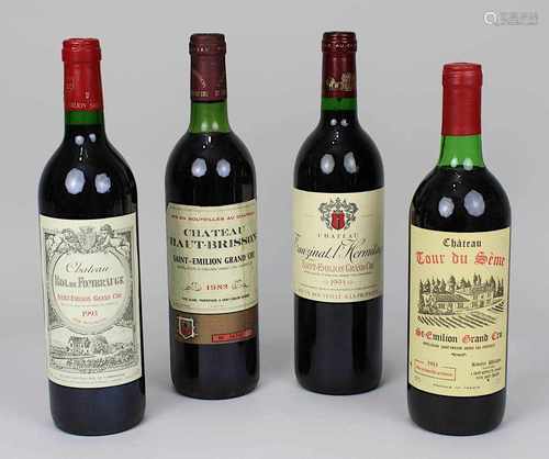 Vier Flaschen St. Emilion Grand Cru 1982 bis 1993; 1 Fl. 1982er Château Aut-Brisson, Yves Blanc, St.