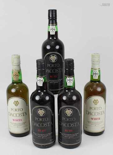 5 Flaschen Porto Dacosta, 3 Fl. Roter Portwein, 2 Fl. Weißer Portwein, M.C. Da Costa Oliveira,