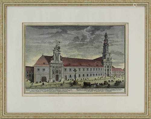 Kirche und Krankenhaus St. Johannis der Täufer, Wien, Leopoldstadt, kolorierter Kupferstich 18. Jh.,