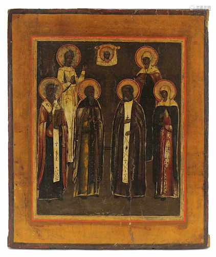 Ikone mit sechs orthodoxen Heiligen, Russland Mitte 2. H. 19. Jh., Tempera auf Holz, darstellend