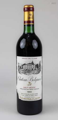 Eine Flasche 1980er Château Belgrave, Haut-Médoc, Grand Cru Classé, Füllhöhe Halsansatz. 2286-006