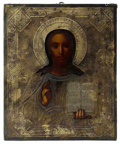 Ikone Christus Pantokrator, Russland Ende 19. Jh., Tempera / Holz, mit reich verziertes Silberoklad,