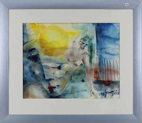 Grewenig (Künstler Ende 20.Jh.), Liegender weiblicher Akt vor Sonne, Aquarell, re. unt. signiert