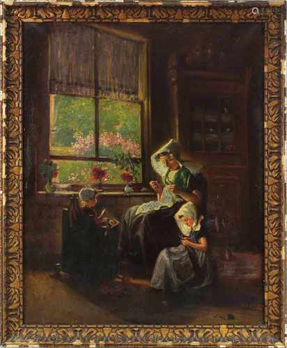 Silbert, Max, Genremaler, Ukraine 1871 - 1930, Mutter beim Nähen mit ihren Kindern im Interieur,