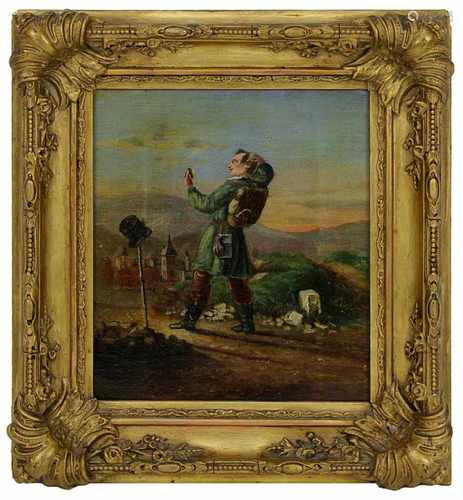 Dt. Genremaler, 19. Jh., Reisender bei Ankunft vor Dorf, Öl auf Leinwand, Bildmaß: 20 cm x 23