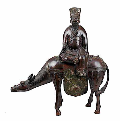 Reisender Edelmann auf Maultier, Japan um 1900, vollplastische Figur aus Bronzeguss, partiell mit