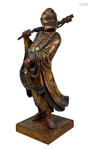 Große chinesische Holzfigur des Gottes der Langlebigkeit, Shou Lao, mit Stab und Kranich, aus
