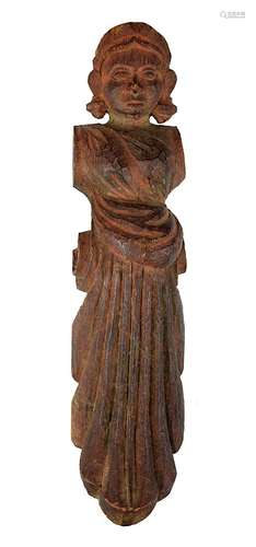 Geschmückte Frau als kleine Karyatidenfigur, Südindien, 19. Jh., Holz geschnitzt, mit Farbresten