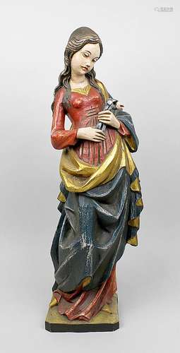 Heilige Apollonia, 2. H. 20. Jh., Holzfigur im gotischen Stil, geschnitzt und farbig gefasst,