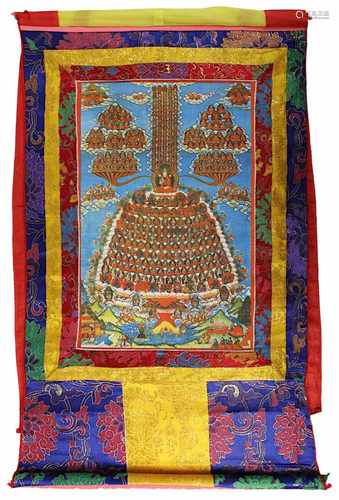 Thangka, Tibet/ Nepal 2. H. 20. Jh., mit vielfiguriger Darstellung von Gottheiten und Lamas, ca.