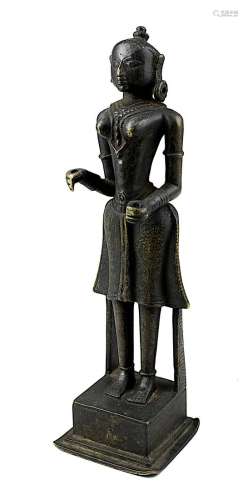 Parvati, Bronzefigur, wohl Südindien 18. Jh., auf quadratischem Sockel stehende weibliche Figur