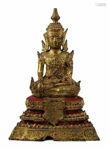 Bronzebuddha, Siam 19. Jh. Rattanakosin, in meditierender Haltung im Lotussitz, auf dreifach