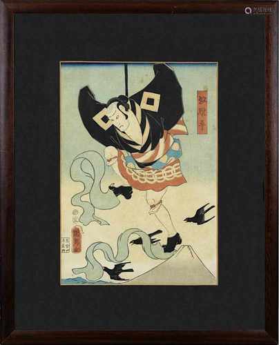 Japanischer Holzschnitt, wohl Utagawa Kunisada II (1823-1880), Schauspieler mit fliegenden Krähen,