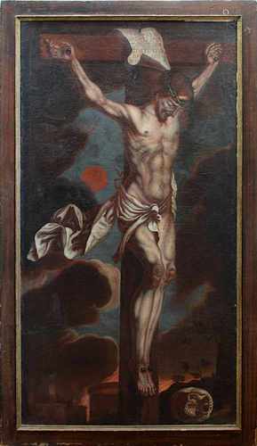 Heiligenmaler, Altmeister, 17.Jh., Jesus am Kreuz als Viernageltypus auf dem Berge Golgotha, am