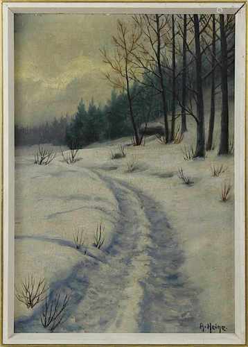 Heine, A. (wohl deutscher Maler), 1. Drittel 20. Jh., Weg in Winterlandschaft, Öl auf Malkarton,