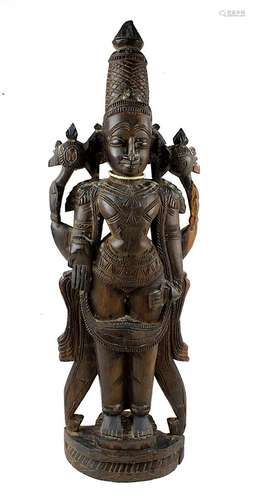 Vishnu, Holzfigur, Südindien um 1900, aus dunklem Teakholz, vierarmige Darstellung des Gottes,