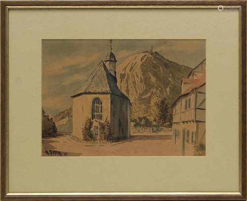 Deblitz, H. (Süddeutscher Aquarellist, Mitte 20.Jh.), Dorfplatz mit Kapelle und Blick auf eine