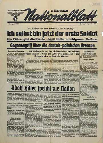 Titelseite des Nationalblatt zum Kriegsbeginn 1939, 2. Extrablatt Gauzeitung Koblenz - Trier vom 1.