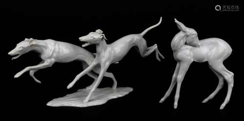 Zwei Figuren Weißporzellan: Windhunde im Lauf, Alka-Porzellan, Entwurf Bachmann 1950er Jahre, auf