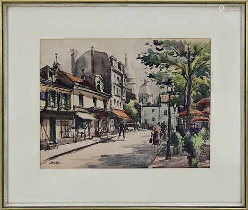 Krafft, André (geb. Paris 1911), Pariser Straßenansicht mit Sacré Coeur im Hintergrund, Aquarell,