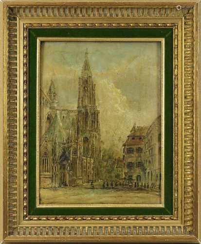 Degonis, franz. Architekturmaler, 1956, franz. Münster / Kathedrale mit Marktplatz, Öl auf