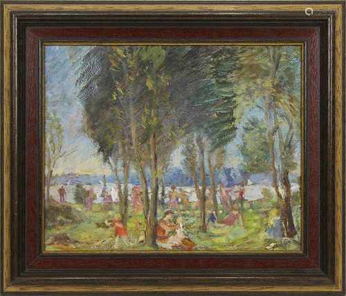 Dt. Impressionist, um 1900, Sonniger Tag im Park am See, Öl auf Malkarton, spontaner,