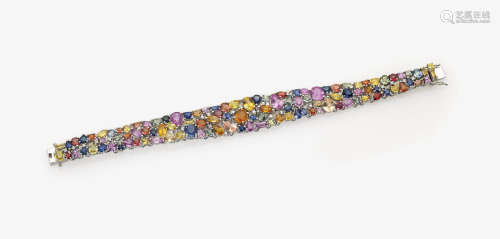 A Vari-Coloured Sapphire and Diamond Gold-Link Bracelet
