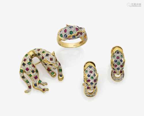 A Panther Form Brooch, Earring and Ring Suite with Diamonds, Rubies, Sapphires and