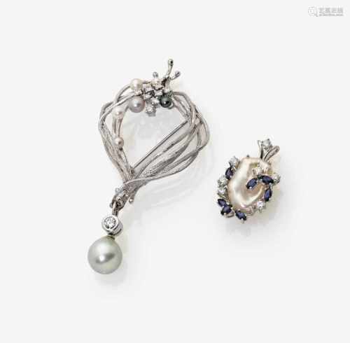 A Brooch and Pendant set with Cultured Pearls, Diamonds and Sapphires