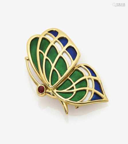 A Ruby and Coloured Enamel Butterfly Brooch
