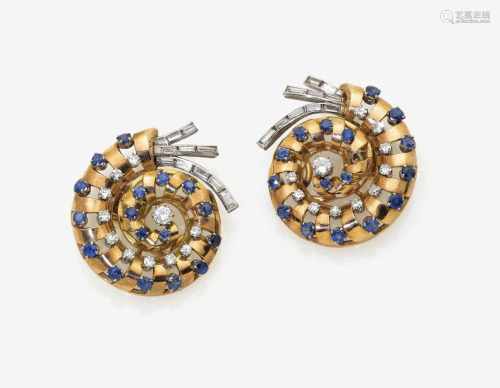 A Pair of Sapphire and Diamond Ear Clips