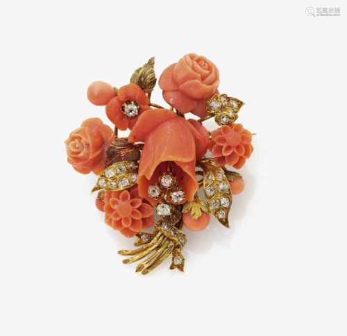 A Coral and Diamond Floral Bouquet Brooch