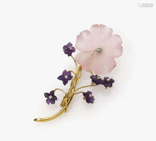 An Amethyst, Rose Quartz and Diamond Floral Brooch