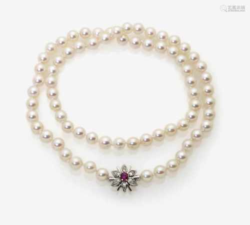 A Cultured Pearl Necklace with Diamond and Ruby set Clasp