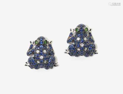 A Pair of Sapphire, Diamond and Tsavorite Frog Earrings