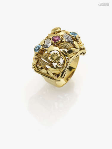 A Diamond and Vari-Coloured Gemset Ring
