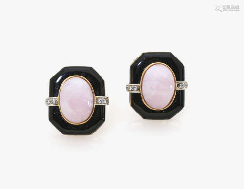A Pair of Pink Opal, Onyx and Diamond Ear Studs