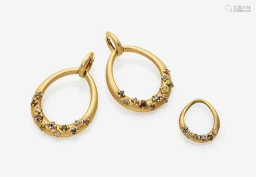 A Pair of Ear Hoops and a Pendant with Rough-Cut Diamonds