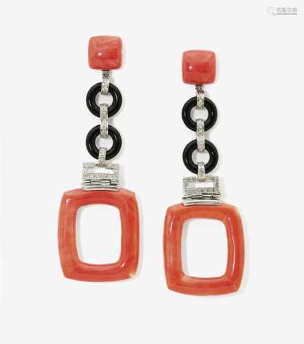 A Pair of Diamond, Coral, Onyx and Mother-of-Pearl Earrings