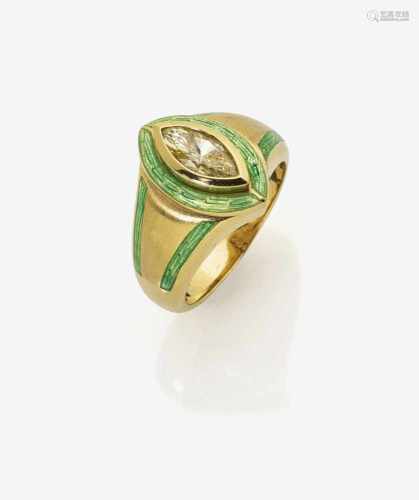 A Green Enamel and Yellow Diamond Ring