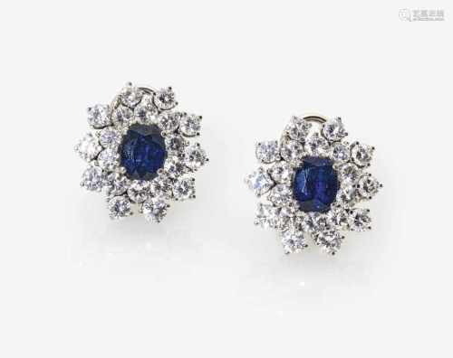 A Pair of Diamond and Sapphire Ear Studs