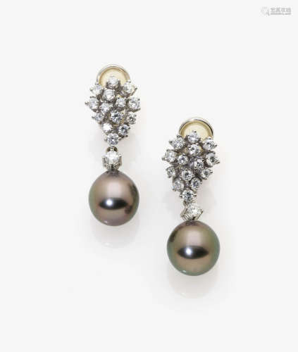 A Pair of Diamond and South-Sea Tahiti Cultured Pearl Earrings