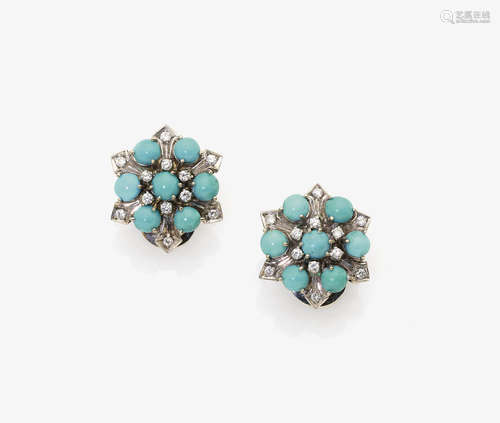 A Pair of Turquoise and Diamond Earrings