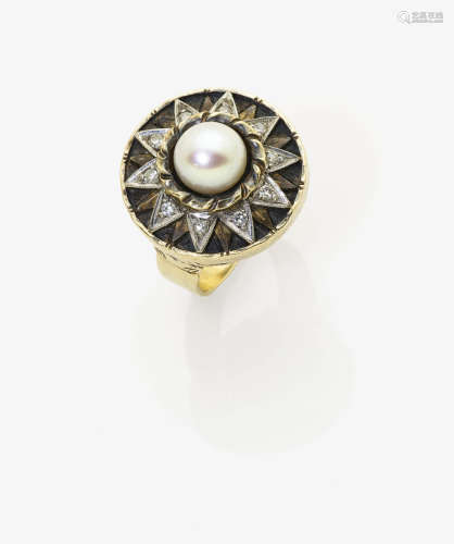 A Diamond and Cultured Pearl Ring