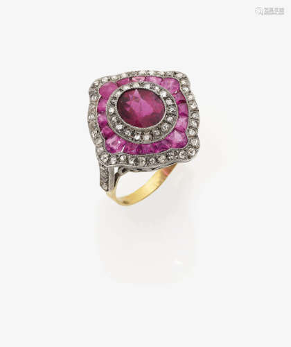 A Rubellite, Ruby and Diamond Cocktail Ring