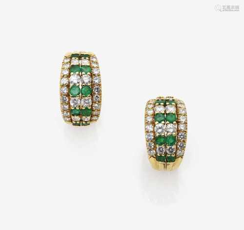 A Pair of Emerald and Diamond Ear Clips