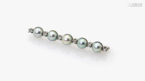 A Cultured Pearl and Diamond Bar-Brooch